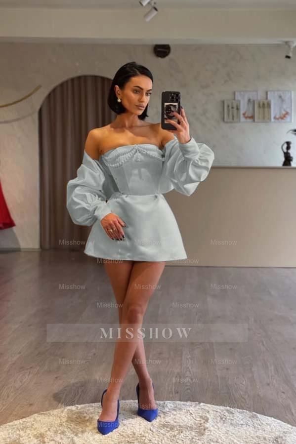 Spaghetti Strap Long Sleeves A Line Formal Dress With Beading