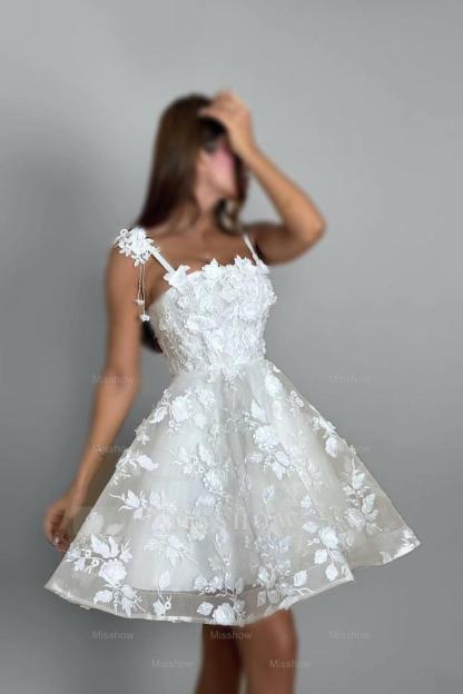 Spaghetti Strap Sleeveless A Line Formal Dress With Lace Appliques