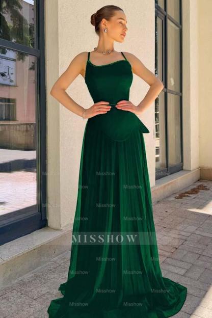 Spaghetti Strap Sleeveless Long Formal Dress With Pleated Sequins