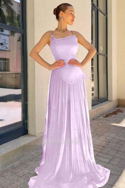 Spaghetti Strap Sleeveless Long Formal Dress With Pleated Sequins