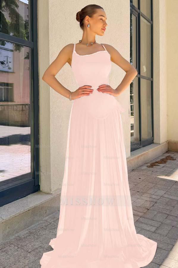 Spaghetti Strap Sleeveless Long Formal Dress With Pleated Sequins