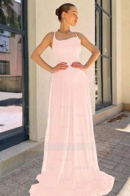 Spaghetti Strap Sleeveless Long Formal Dress With Pleated Sequins
