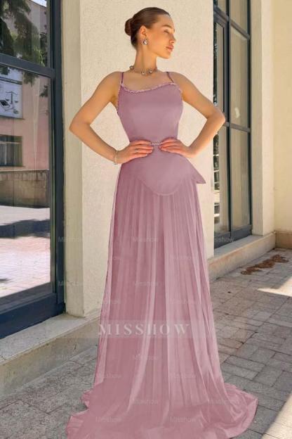 Spaghetti Strap Sleeveless Long Formal Dress With Pleated Sequins