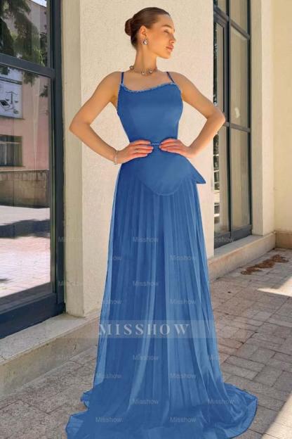 Spaghetti Strap Sleeveless Long Formal Dress With Pleated Sequins