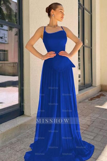 Spaghetti Strap Sleeveless Long Formal Dress With Pleated Sequins