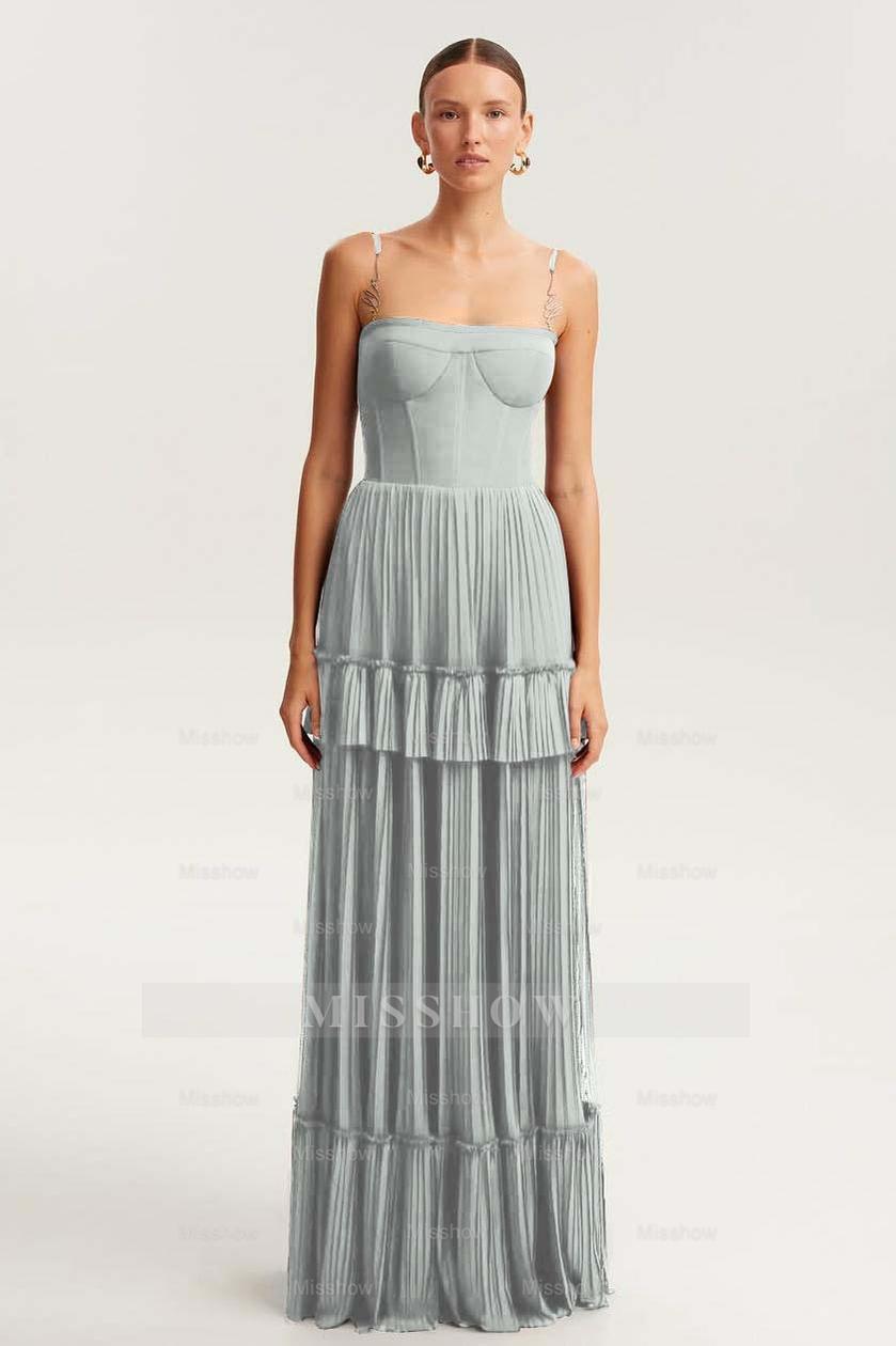 Spaghetti Strap Sleeveless Long Formal Dress With Ruffles