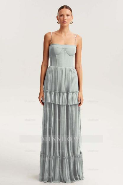 Spaghetti Strap Sleeveless Long Formal Dress With Ruffles