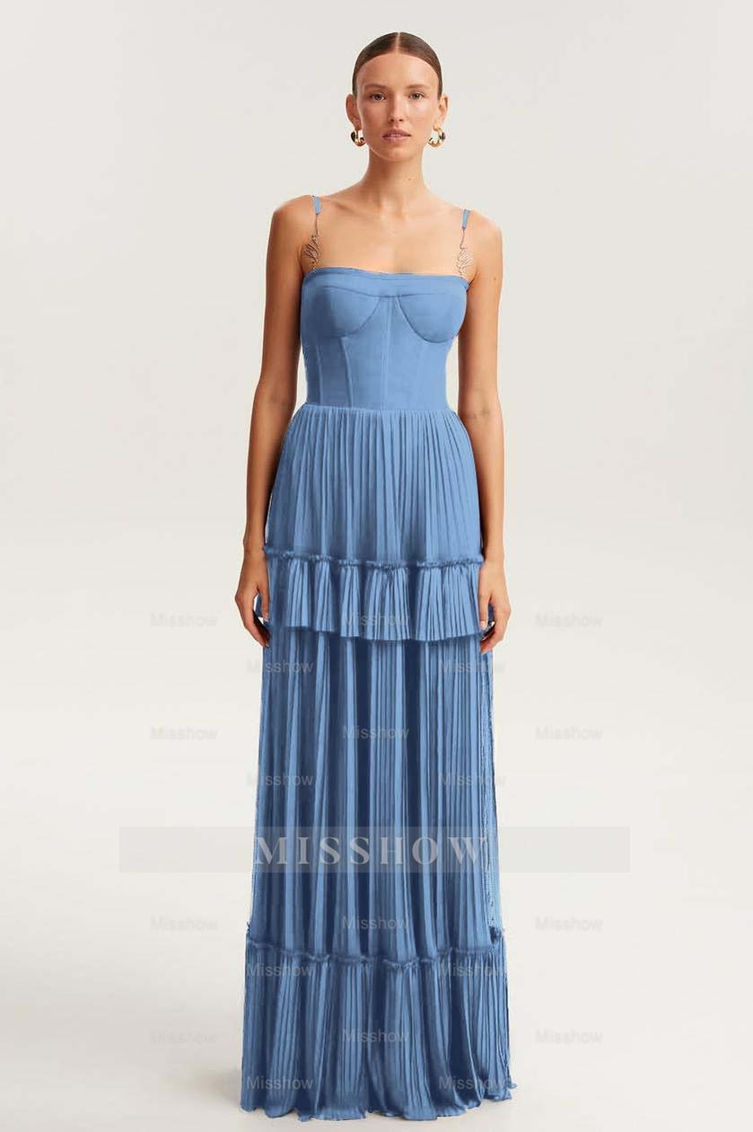 Spaghetti Strap Sleeveless Long Formal Dress With Ruffles