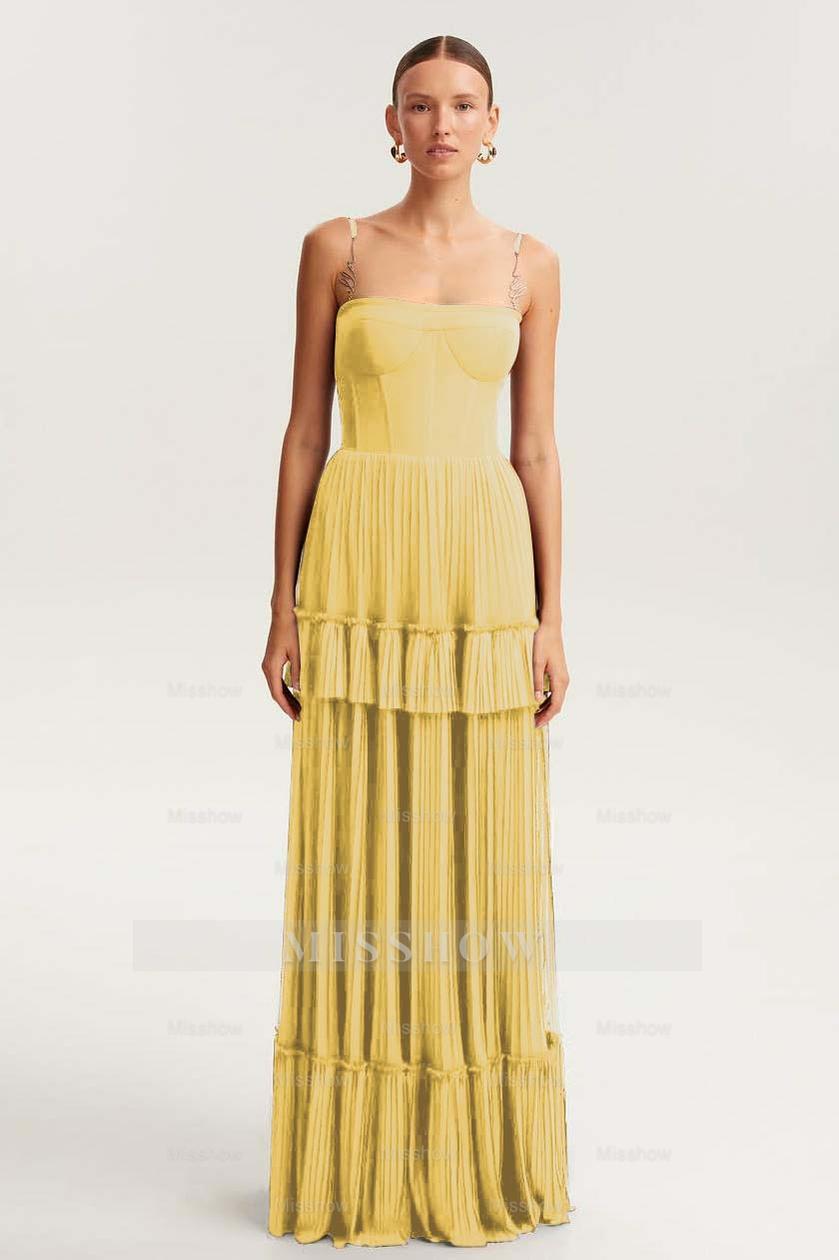 Spaghetti Strap Sleeveless Long Formal Dress With Ruffles