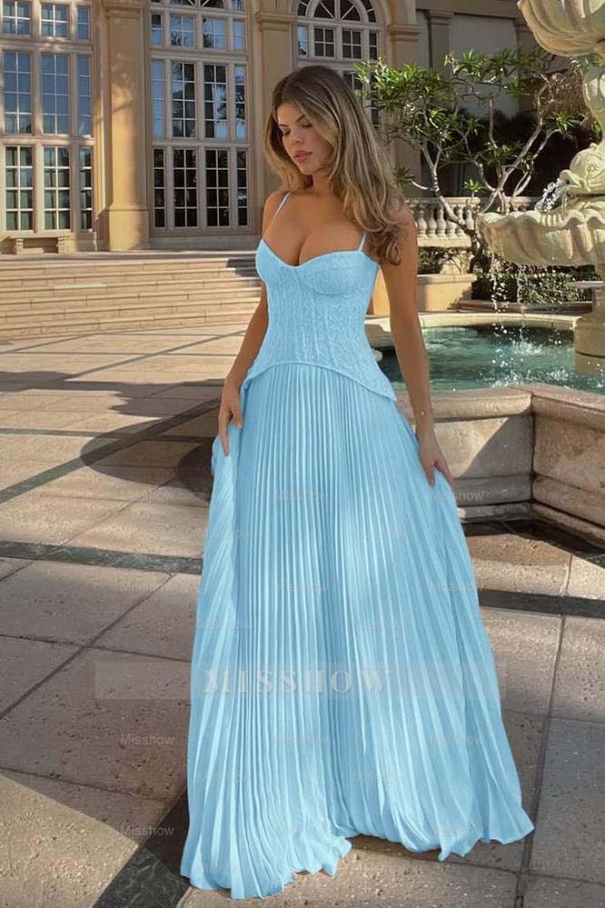 Spaghetti Strap Sleeveless Long Formal Dress With Ruffles Embroidery