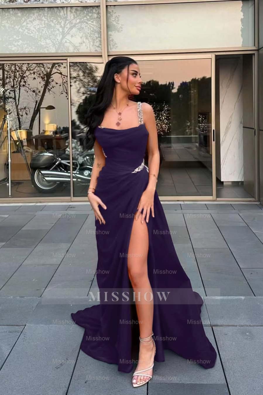 Spaghetti Strap Sleeveless Long Formal Dress With Split Beading