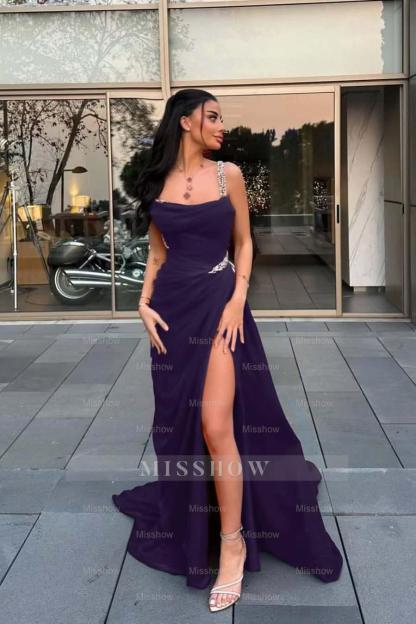 Spaghetti Strap Sleeveless Long Formal Dress With Split Beading