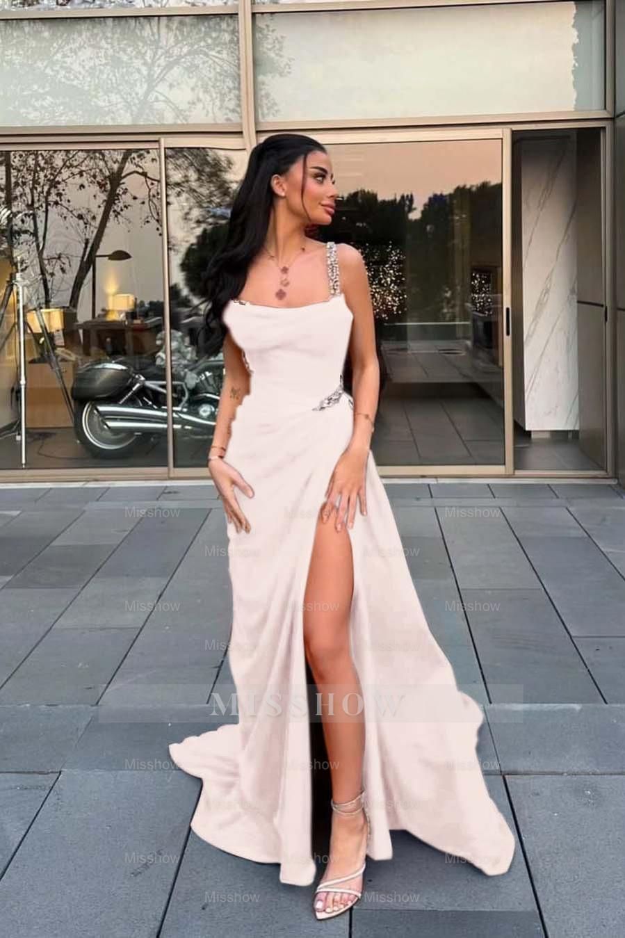 Spaghetti Strap Sleeveless Long Formal Dress With Split Beading