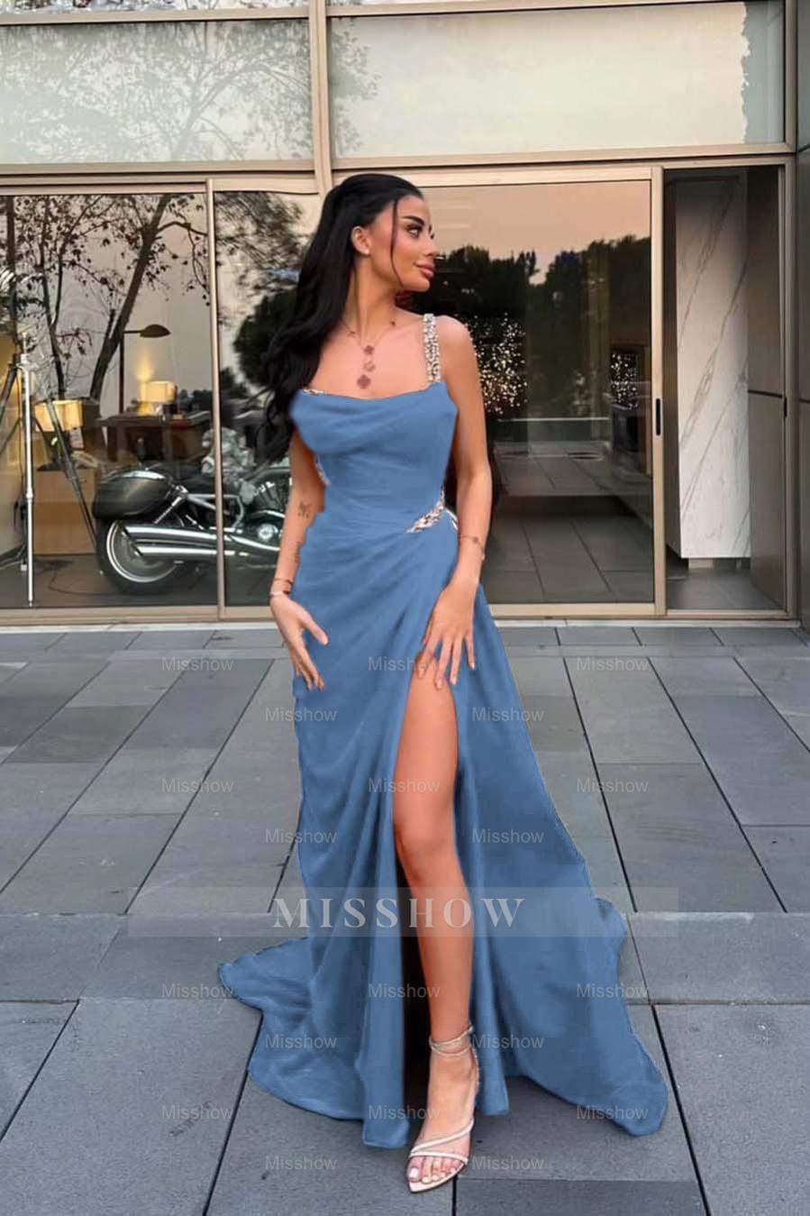 Spaghetti Strap Sleeveless Long Formal Dress With Split Beading