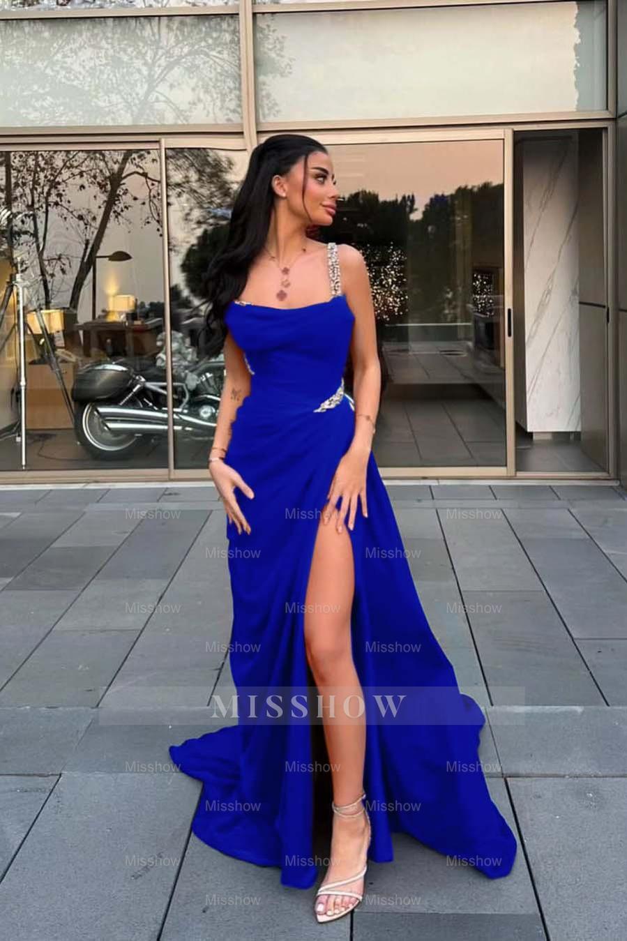 Spaghetti Strap Sleeveless Long Formal Dress With Split Beading
