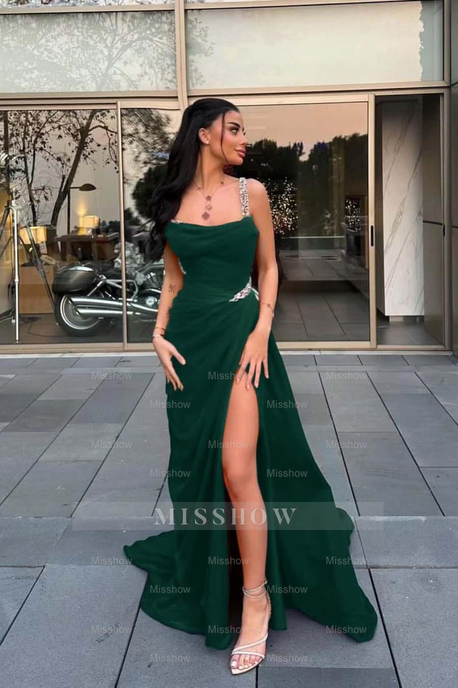 Spaghetti Strap Sleeveless Long Formal Dress With Split Beading