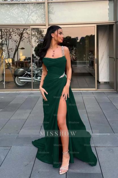 Spaghetti Strap Sleeveless Long Formal Dress With Split Beading