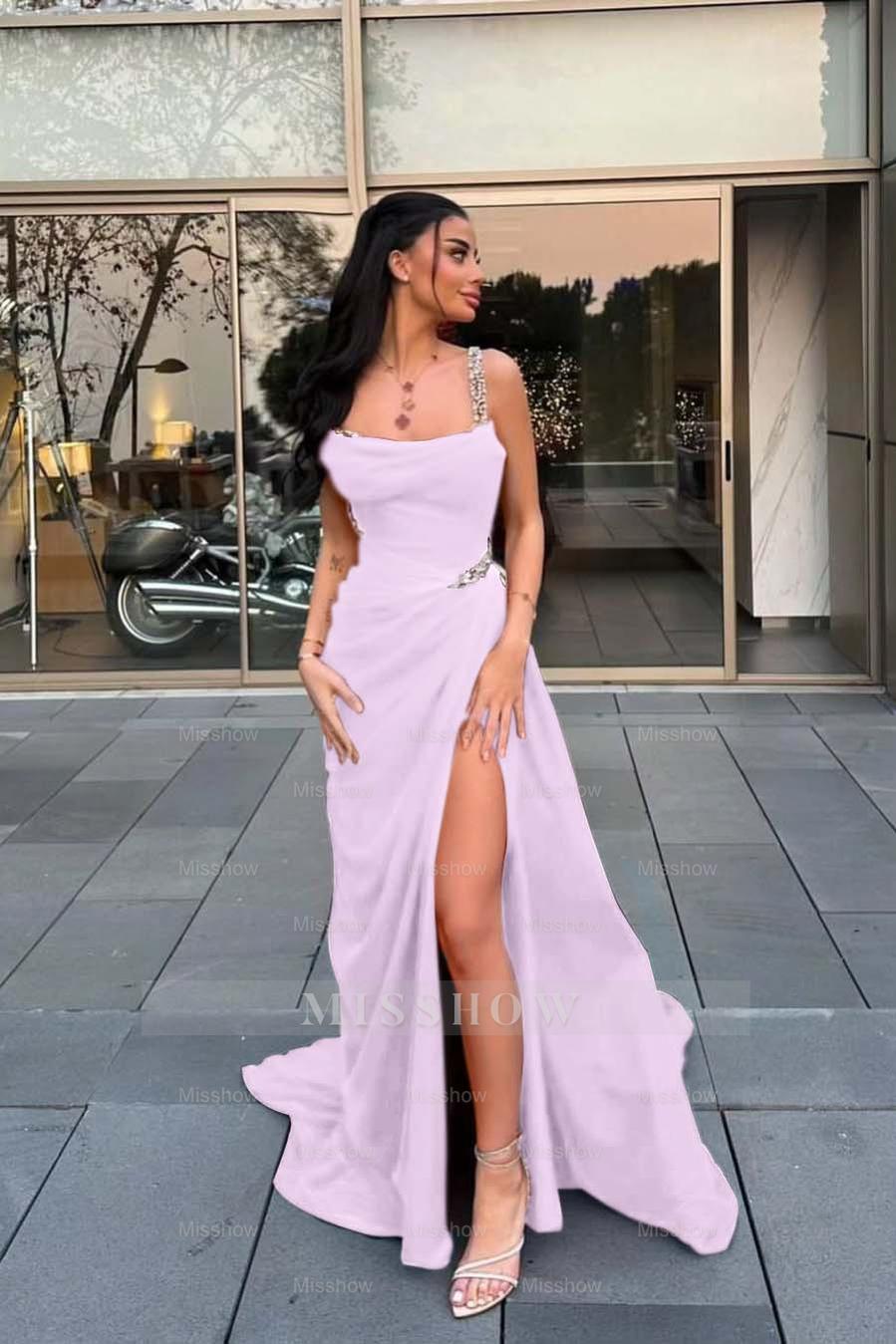 Spaghetti Strap Sleeveless Long Formal Dress With Split Beading