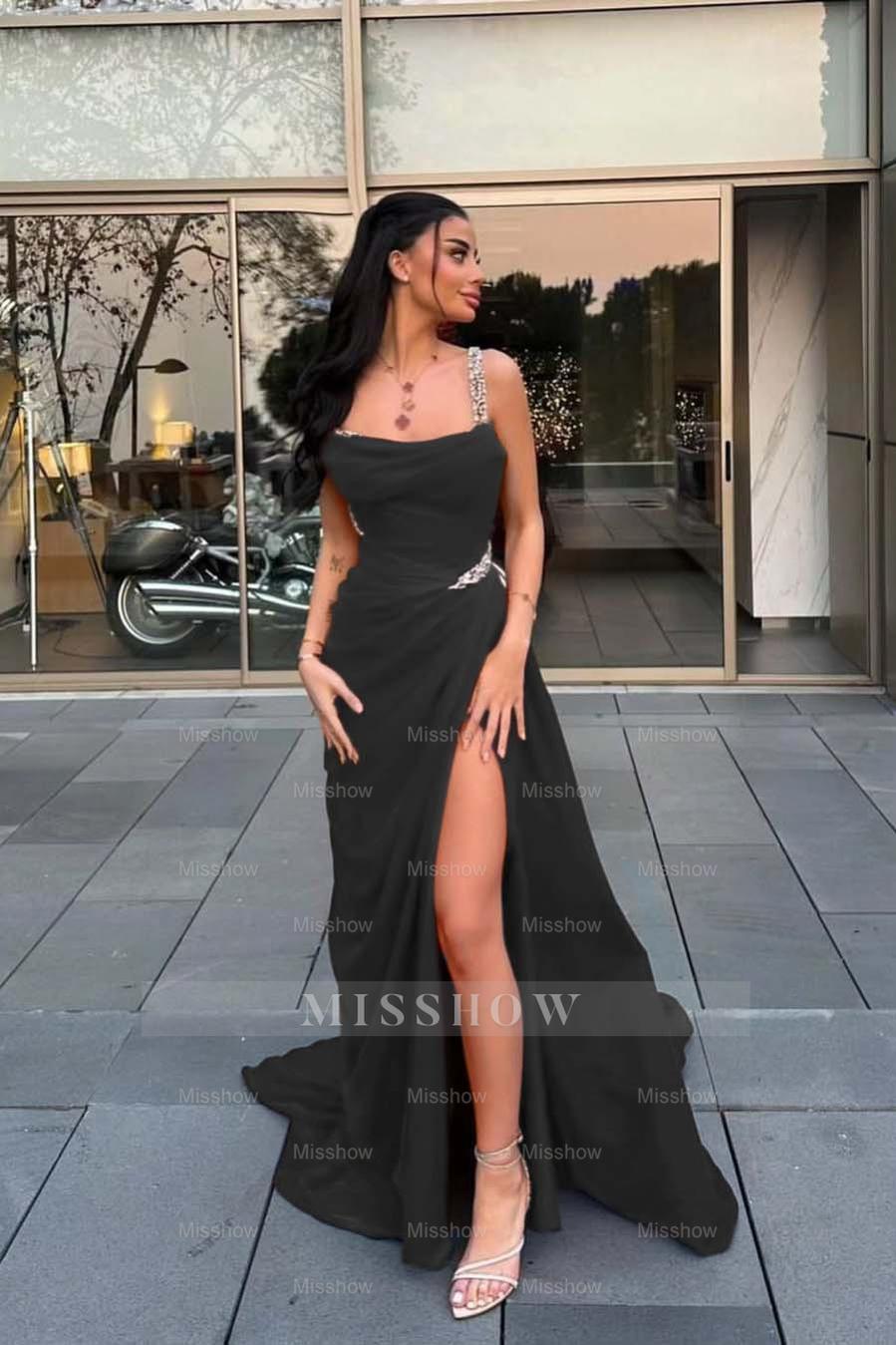 Spaghetti Strap Sleeveless Long Formal Dress With Split Beading