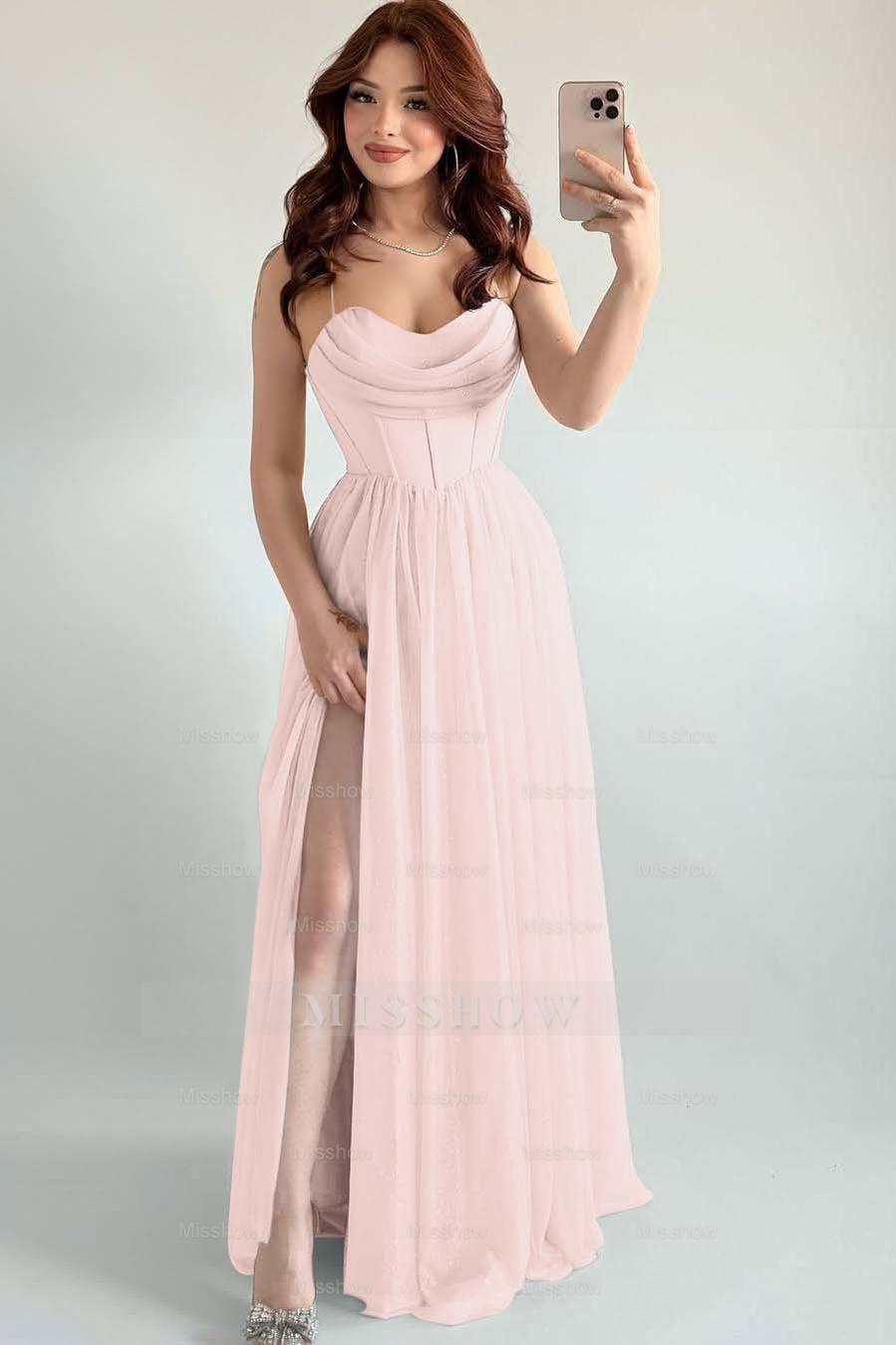 Spaghetti Strap Sleeveless Long High Split Formal Dress With Pleated