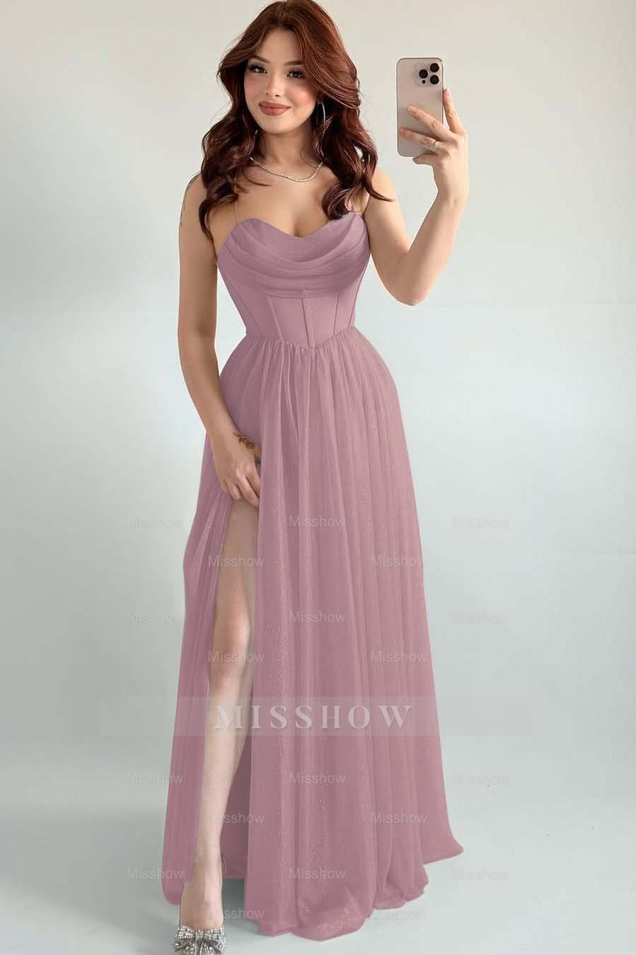 Spaghetti Strap Sleeveless Long High Split Formal Dress With Pleated