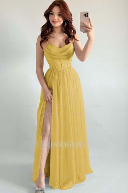 Spaghetti Strap Sleeveless Long High Split Formal Dress With Pleated