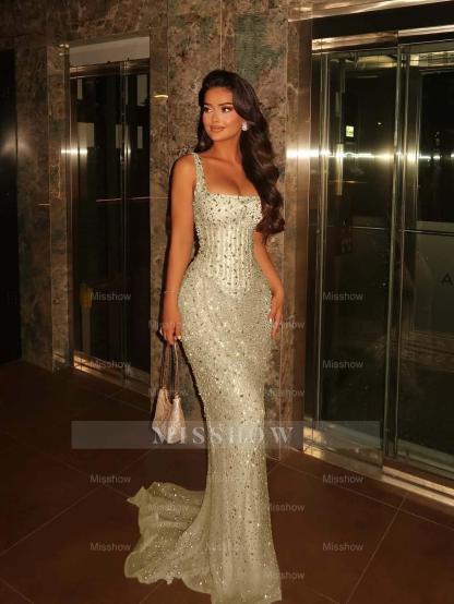 Spaghetti Strap Sleeveless Long Mermaid Formal Dress With Beading