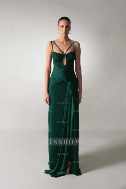 Spaghetti Strap Sleeveless Long Mermaid Formal Dress With Pleated