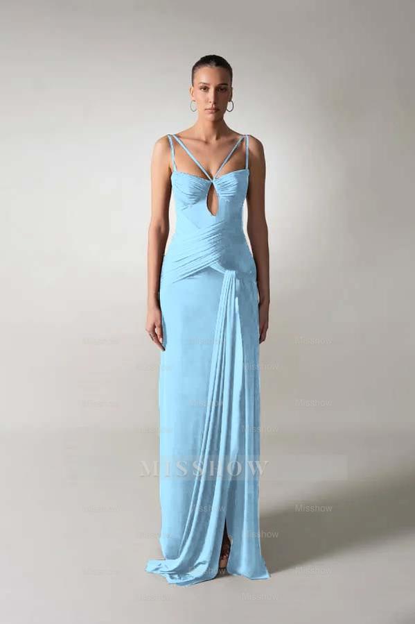 Spaghetti Strap Sleeveless Long Mermaid Formal Dress With Pleated