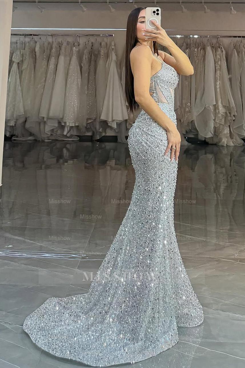 Spaghetti Strap Sleeveless Long Mermaid Formal Dress With Sequins