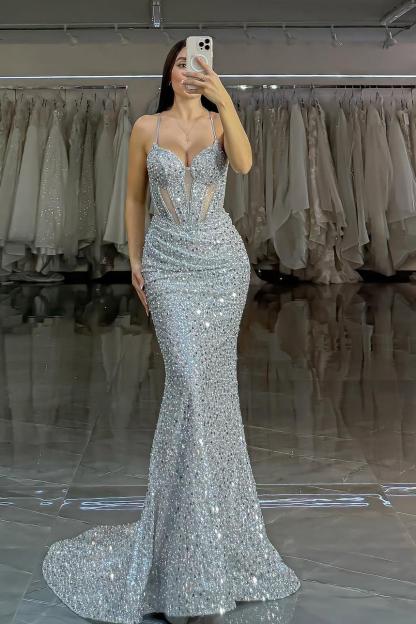 Spaghetti Strap Sleeveless Long Mermaid Formal Dress With Sequins