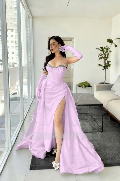 Spaghetti Strap Sleeveless Long Mermaid Formal Dress With Split Gloves