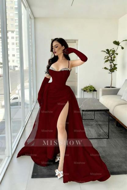 Spaghetti Strap Sleeveless Long Mermaid Formal Dress With Split Gloves