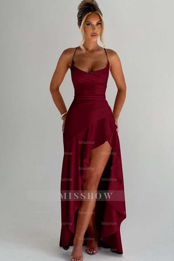 Spaghetti Strap Sleeveless Long Split Formal Dress With Pleated