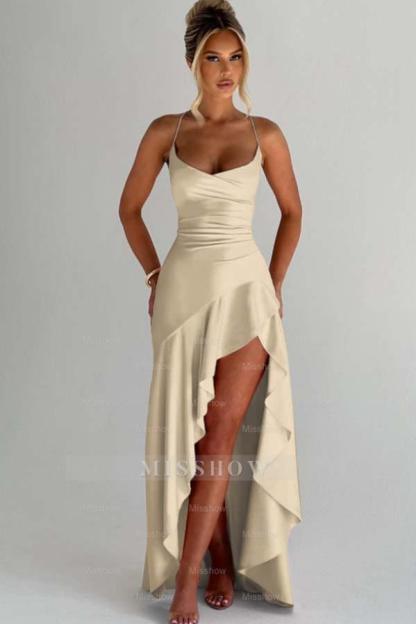 Spaghetti Strap Sleeveless Long Split Formal Dress With Pleated