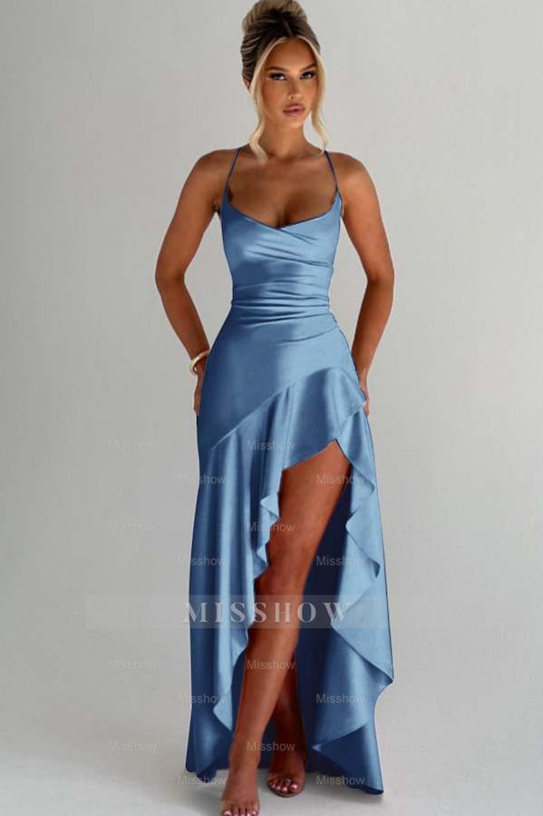 Spaghetti Strap Sleeveless Long Split Formal Dress With Pleated