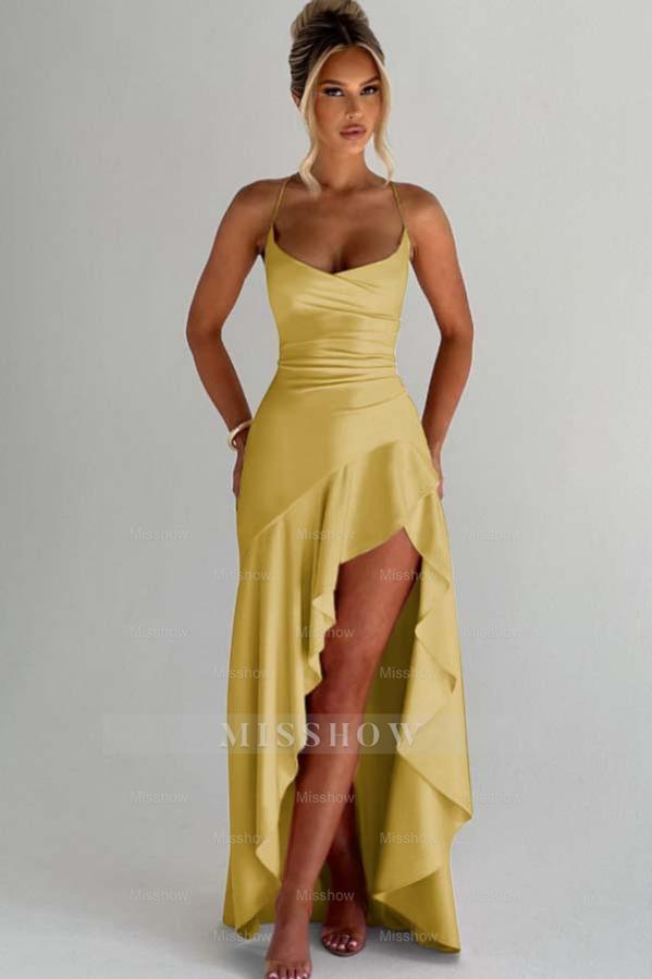 Spaghetti Strap Sleeveless Long Split Formal Dress With Pleated