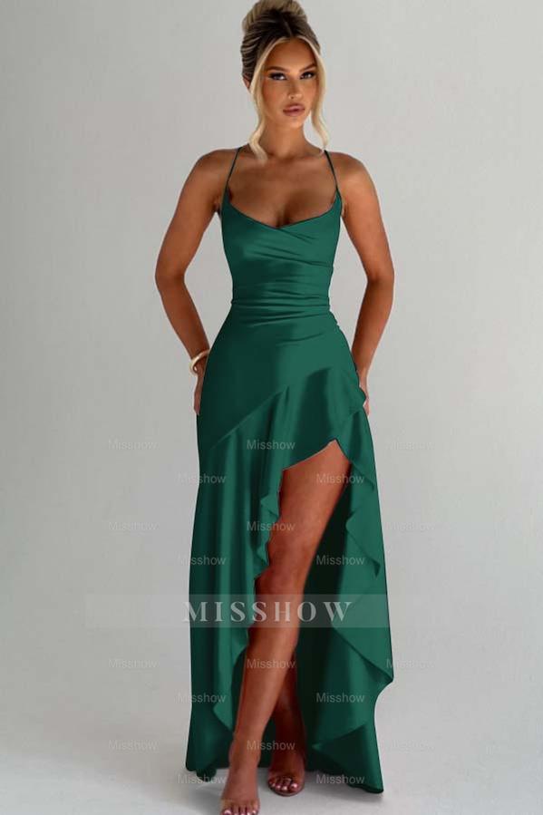 Spaghetti Strap Sleeveless Long Split Formal Dress With Pleated