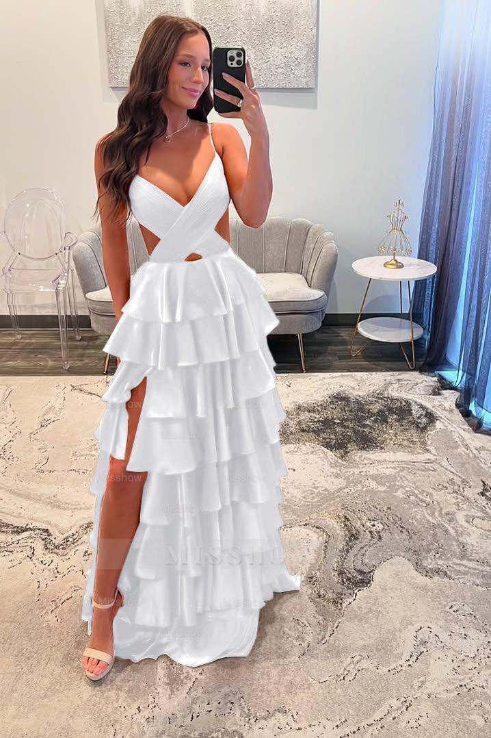 Spaghetti Strap Sleeveless Long Split Formal Dress With Ruffles