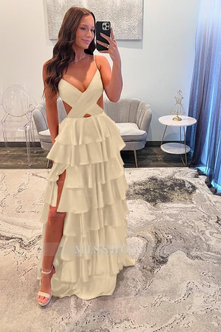 Spaghetti Strap Sleeveless Long Split Formal Dress With Ruffles