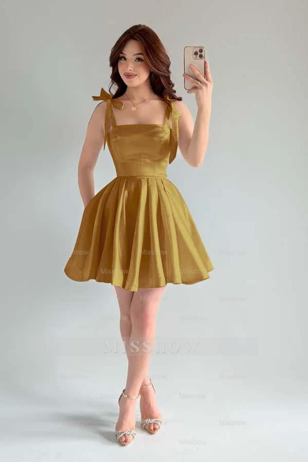 Spaghetti Strap Sleeveless Short A Line Formal Dress With Pleated