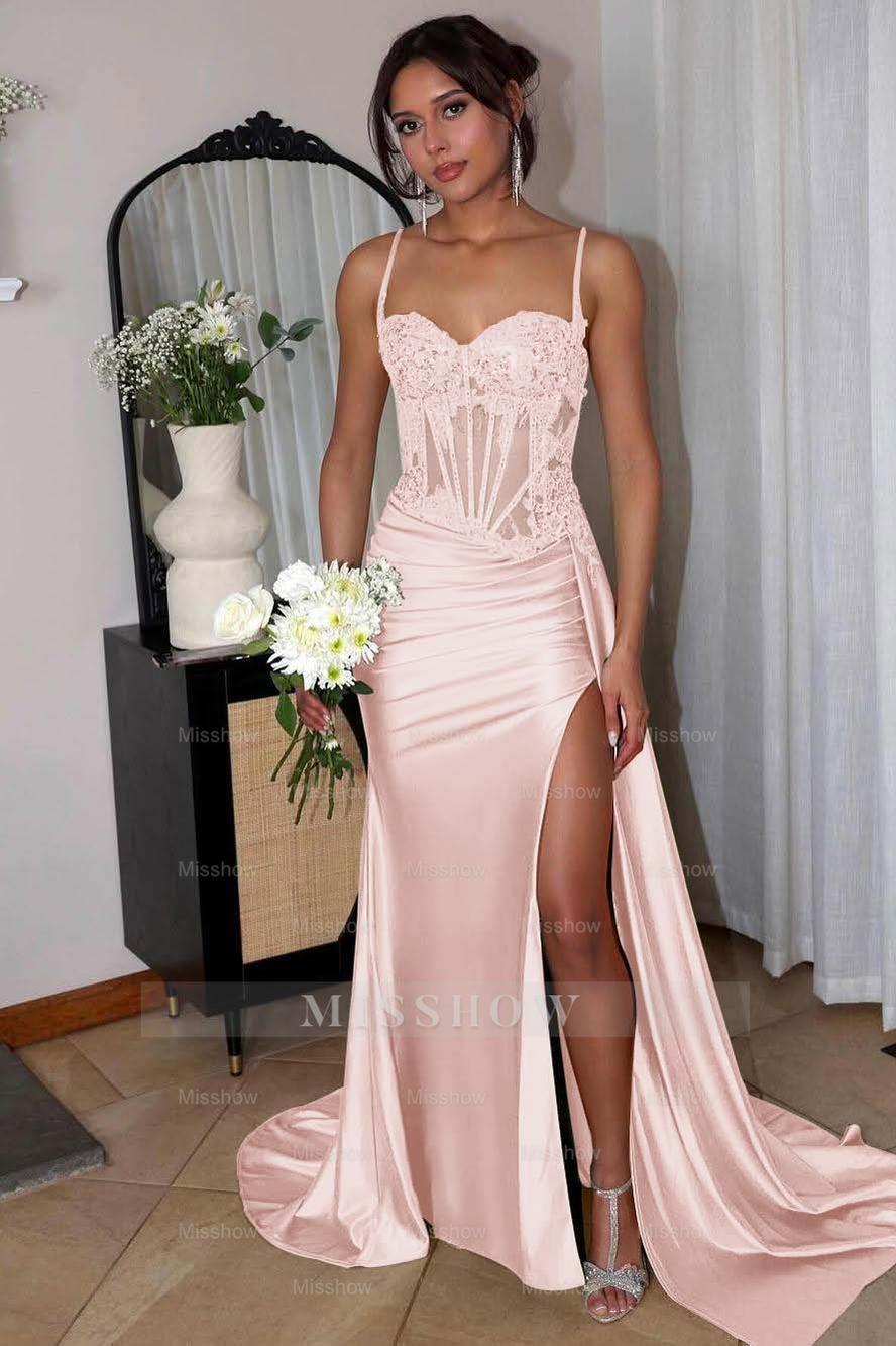 Spaghetti Strap Sleeveless Split Long Mermaid Formal Dress With Appliques