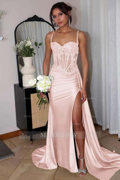 Spaghetti Strap Sleeveless Split Long Mermaid Formal Dress With Appliques