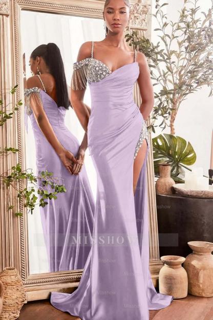 Spaghetti Strap Sleeveless Split Long Mermaid Formal Dress With Beading