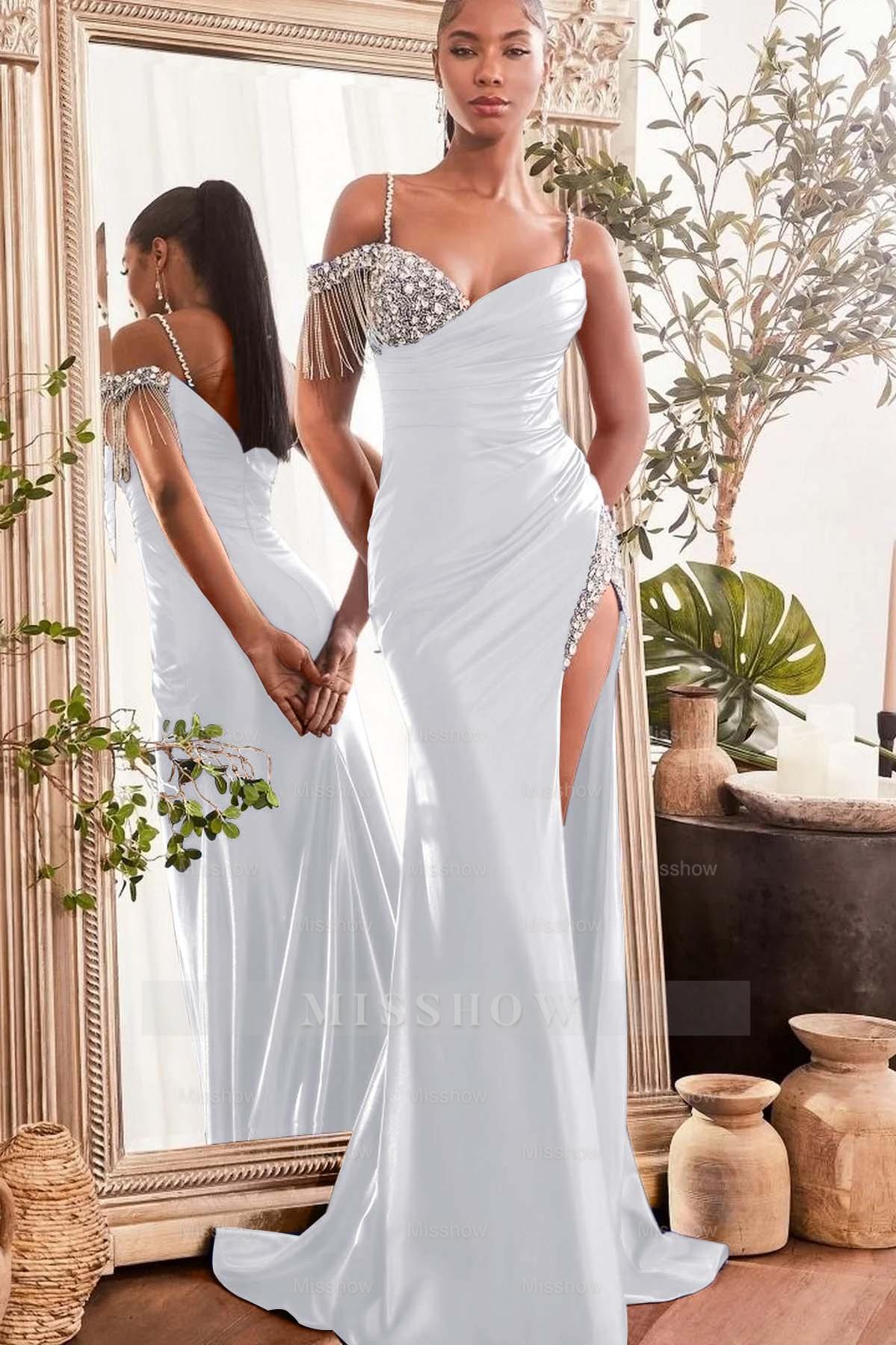 Spaghetti Strap Sleeveless Split Long Mermaid Formal Dress With Beading