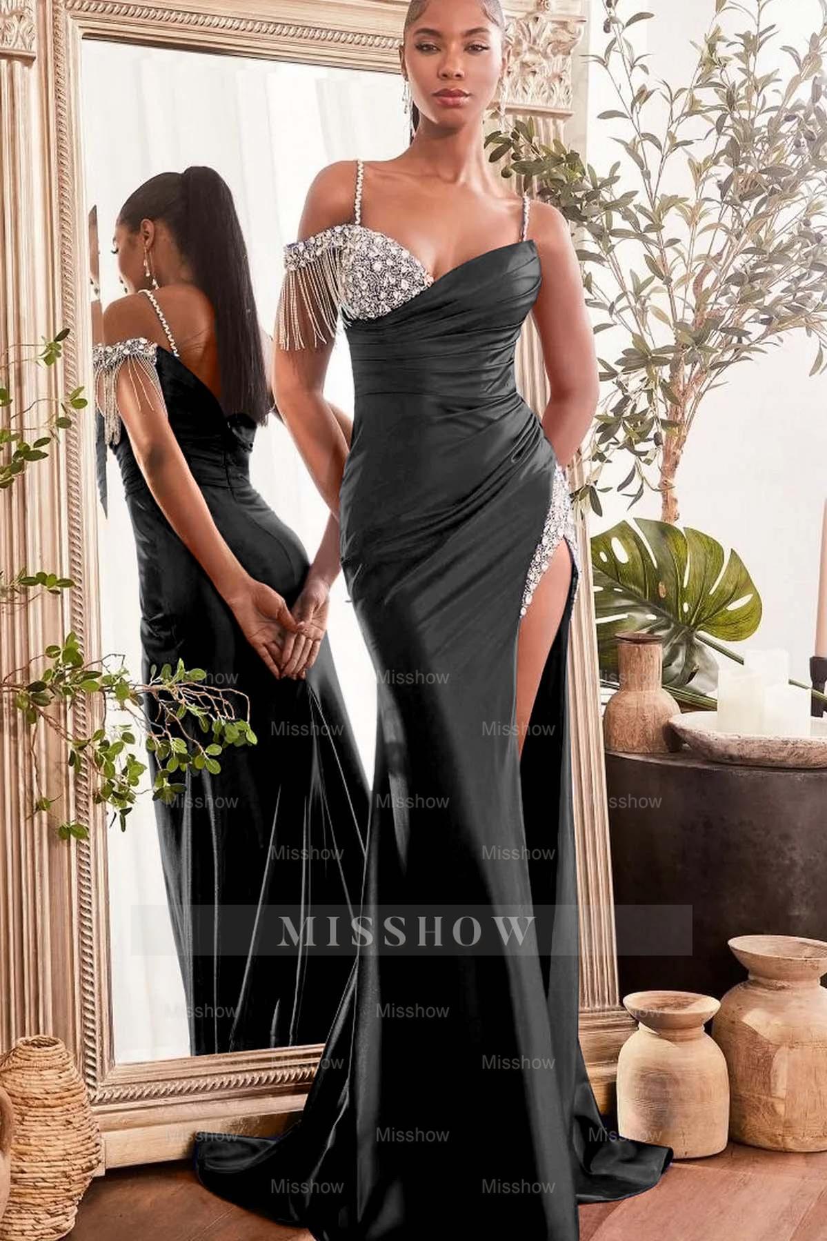 Spaghetti Strap Sleeveless Split Long Mermaid Formal Dress With Beading