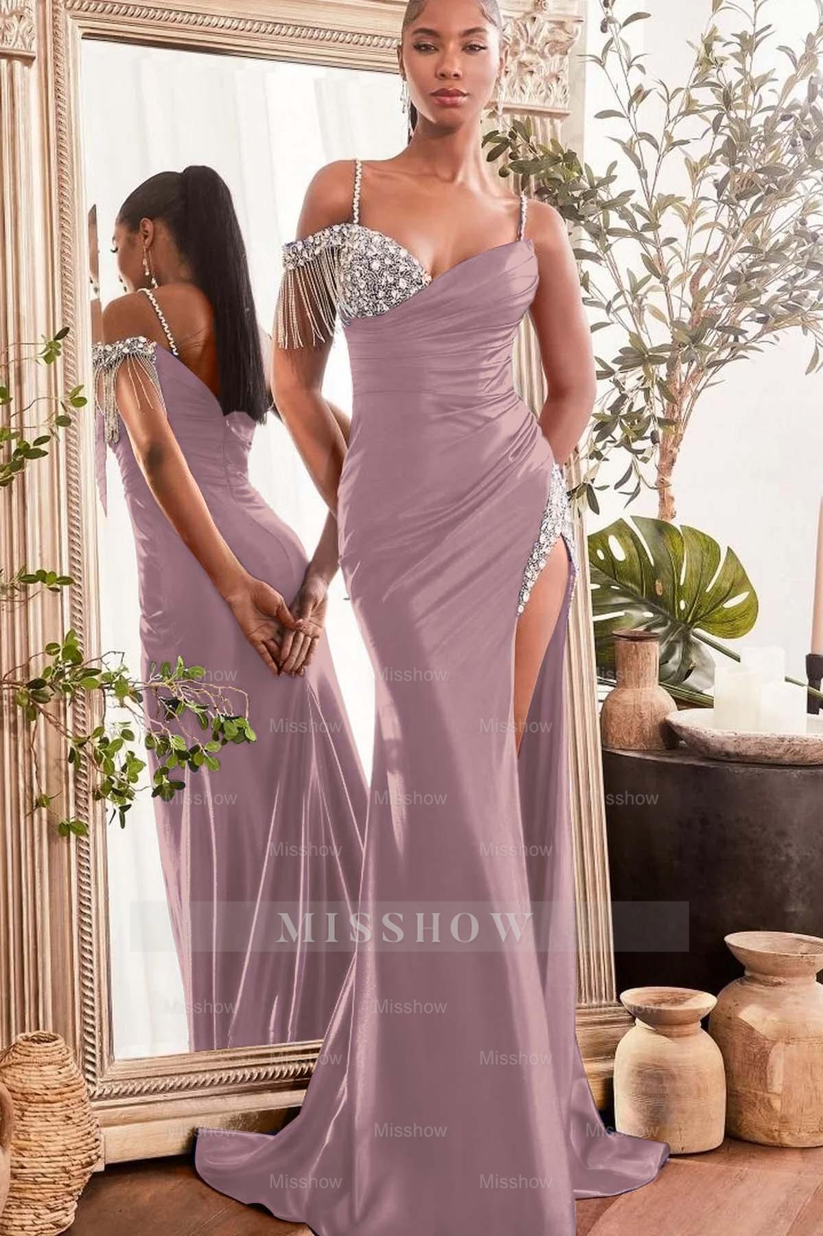 Spaghetti Strap Sleeveless Split Long Mermaid Formal Dress With Beading