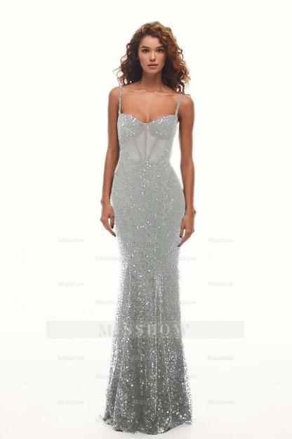 Spaghetti Strap Sweetheart Mermaid Long Formal Dress With Sequins