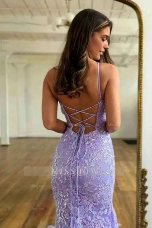Spaghetti Straps Lilac Lace Long Evening Dress with Flower Appliques