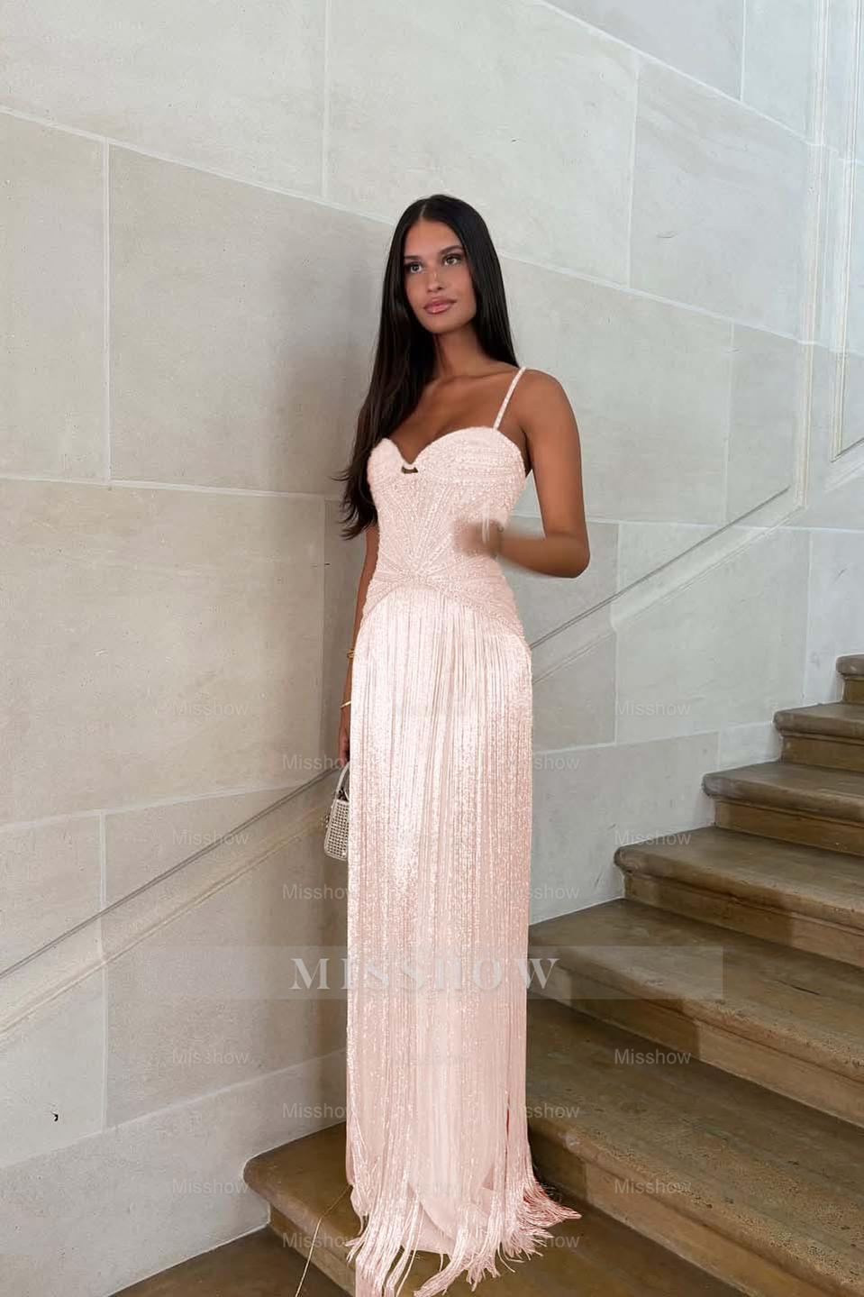 Spaghetti straps Sleeveless Long Formal Dress With Beading Tassel